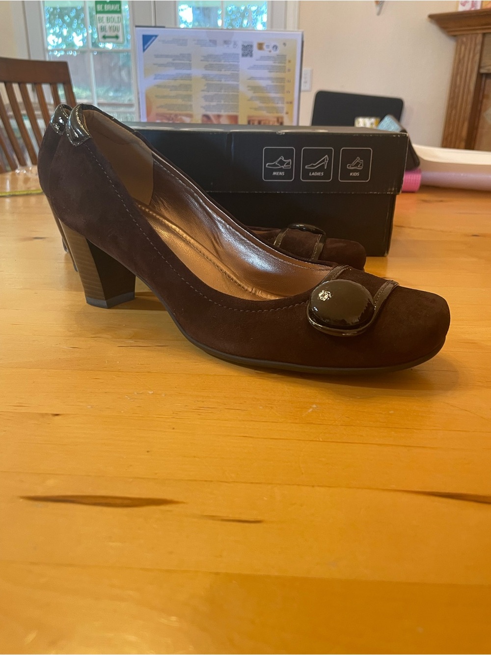 Ecco Dark Brown Suede Comfort Pumps with Patent Leather Button Accent